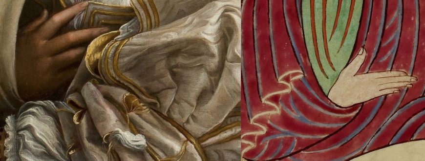 Details of the sleeve. left: Raphael, La Donna velata, 1514-15, oil on canvas, 82 x 60.5 cm (Palazzi Pitti, Florence); right: St John the Evangelist in the Lindisfarne Gospels (London, British Library, MS Cotton Nero D IV, f. 209v).
