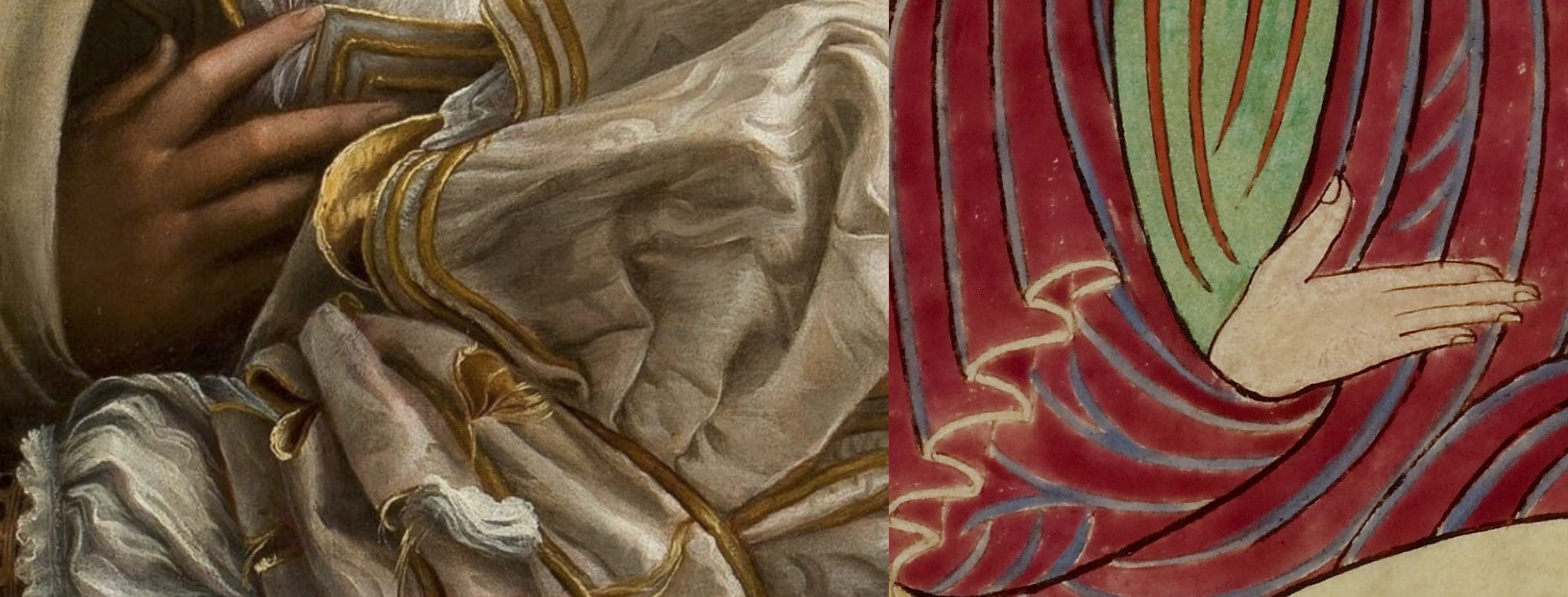 Details of the sleeve. left: Raphael, La Donna velata, 1514-15, oil on canvas, 82 x 60.5 cm (Palazzi Pitti, Florence); right: St John the Evangelist in the Lindisfarne Gospels (London, British Library, MS Cotton Nero D IV, f. 209v).