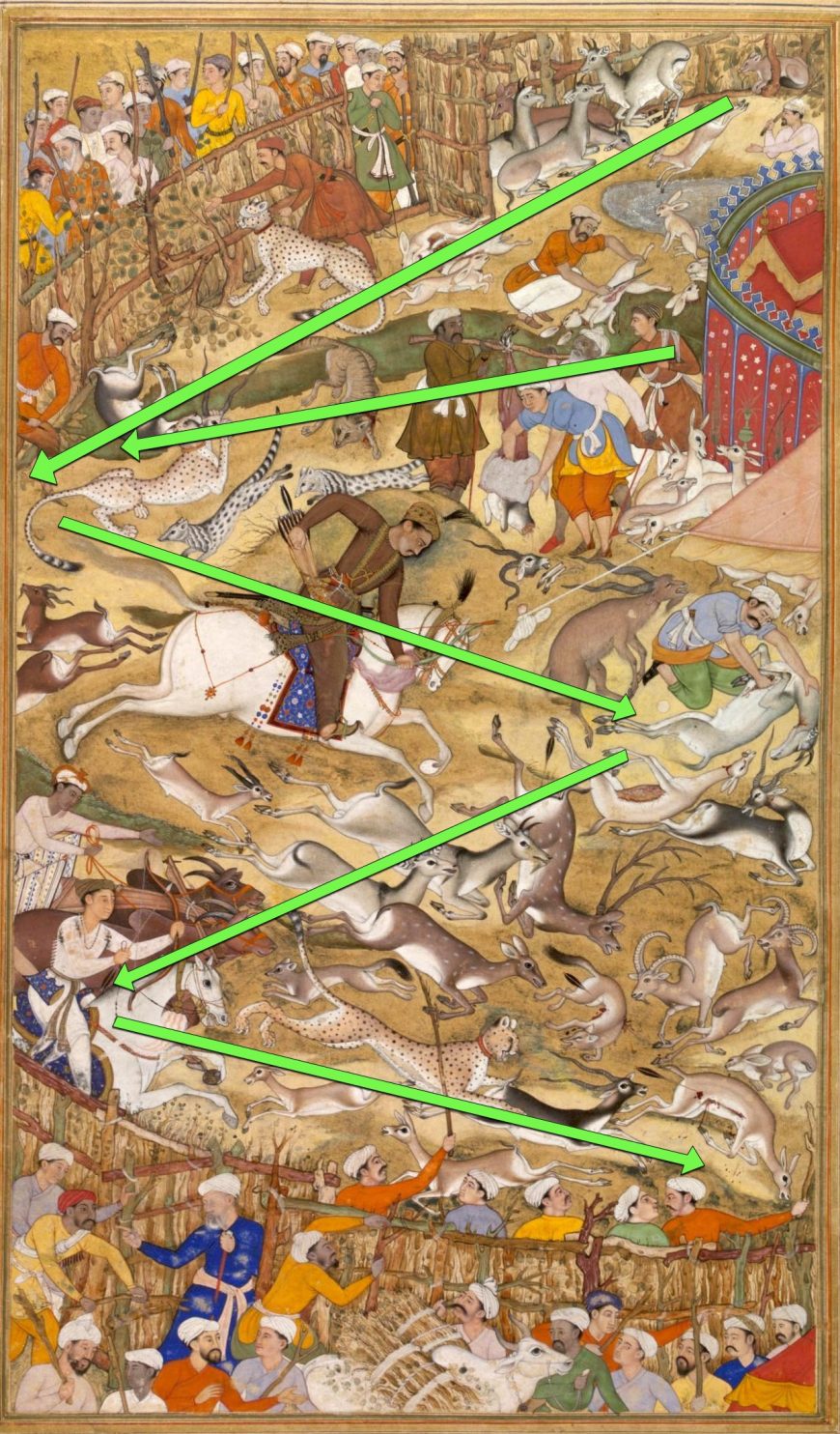 Akbar on horseback, hunting animals within an enclosure, illustration from the Akbarnama, c. 1590-95, Mughal Empire, India, opaque watercolor and gold on paper, 32.1 x 18.8 cm (Victoria and Albert Museum, London)