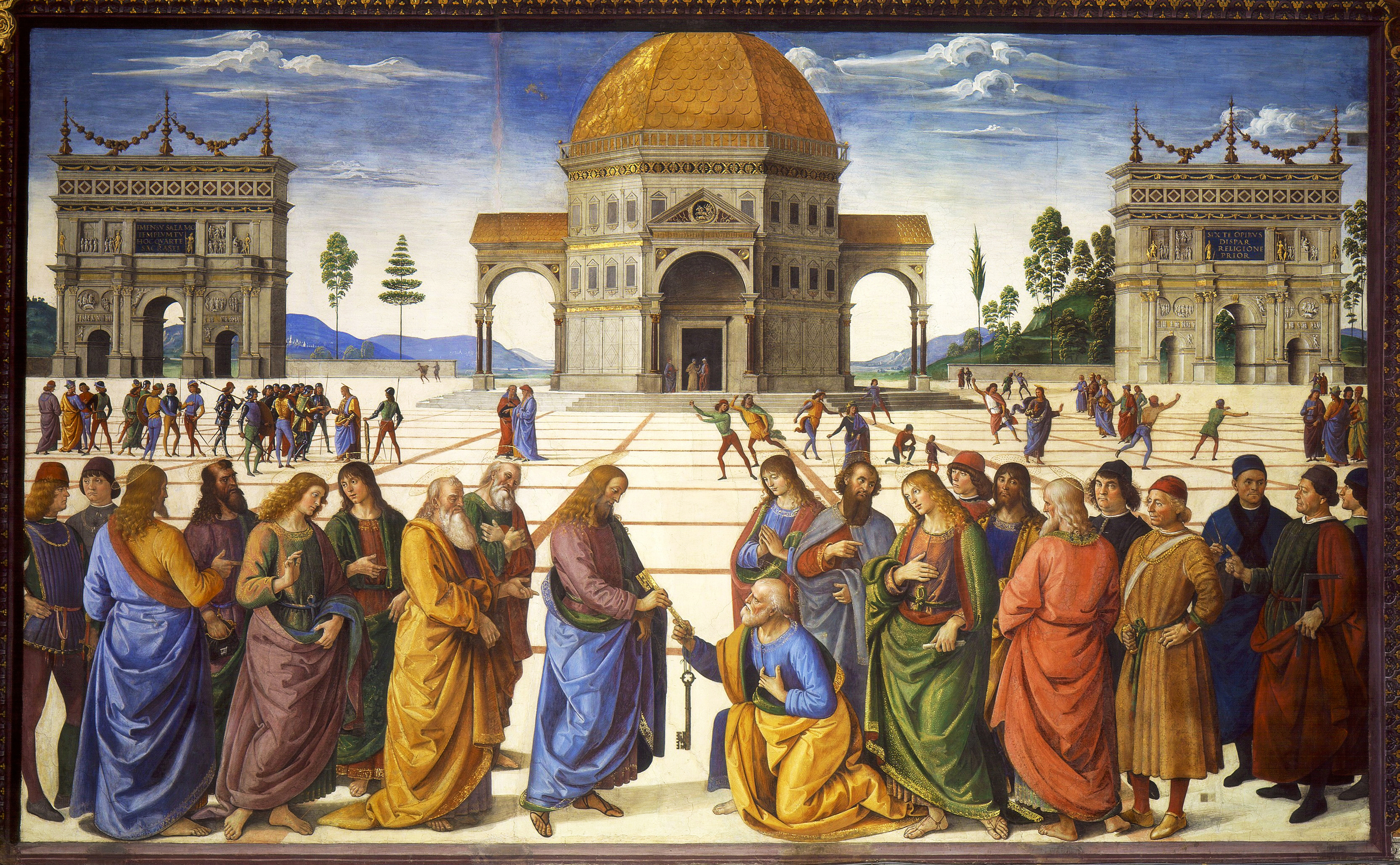 Perugino, Christ Giving the Keys of the Kingdom to St. Peter, Sistine Chapel, 1481-83, fresco, 10 feet 10 inches x 18 feet (Vatican, Rome)