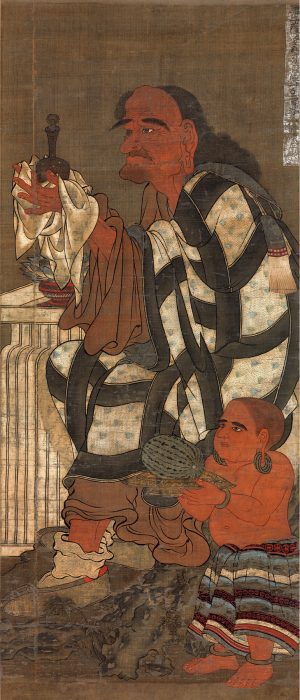 Satsubari, the Second of the Sixteen Rakan, late 14th century, hanging scroll; ink, color, and gold on silk, 115.3 x 49.3cm (Mary Griggs Burke collection)