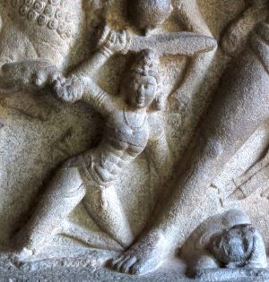 Warrior (detail), Mahishasuramardini Mandapa, Mamallapuram, Tamil Nadu, India, ca. 7th century, granite (photo: © Arathi Menon, all rights reserved)