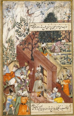 Bishndas (maker), Nanha (painter), Babur supervising the laying out of the Garden of Fidelity, ca. 1590, Mughal Empire, opaque watercolour and gold on paper, H. 22.2 cm (Victoria & Albert Museum, London)