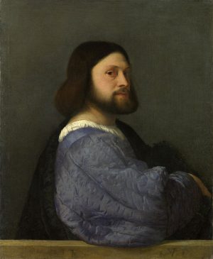 Titian, Portrait of a Man (Gerolam Barbarigo?), c. 1510, oil on canvas, 81.2 x 66.3 cm (National Gallery, London), public domain