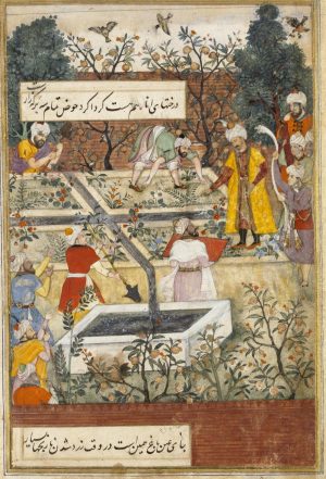 Bishndas (maker), Nanha (painter), Babur supervising the laying out of a Kabul garden, ca. 1590, Mughal Empire, opaque watercolour on paper, H. 21.7 cm (Victoria & Albert Museum, London)