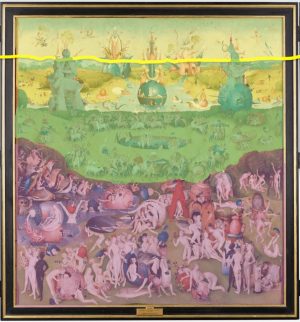 Horizon line and foreground, middle ground, and background in the central panel, Bosch, Garden of Earthly Delights