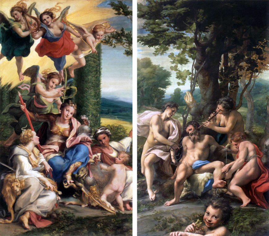 Antonio da Correggio, Allegory of Virtue (left), 1528-30, tempera on canvas, 142 x 86 cm (Musée du Louvre, Paris); Allegory of Vice (right), 1528-30, tempera on canvas, 149 x 88 cm (Musée du Louvre, Paris)