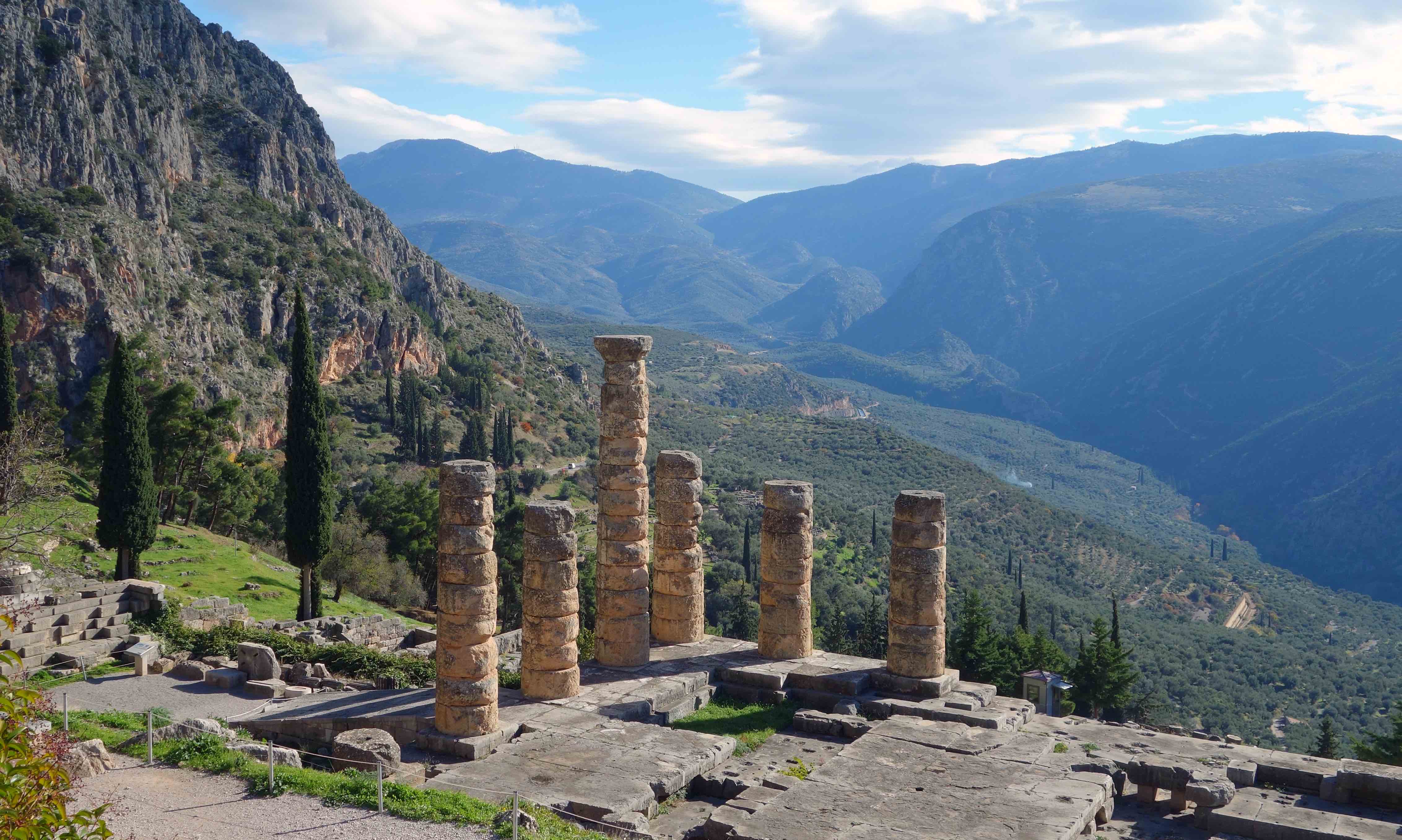 View down to the Temple of Apollo, Delphi Sanctuary of Apollo, Delphi, Greece