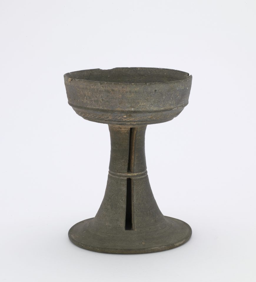 Shallow cup on tall pedestal foot, Kofun period, 6thcentury, Japan, Sue ware, unglazed stoneware, H. 15.1 cm (Gift of Charles Lang Freer, Freer Gallery of Art) 