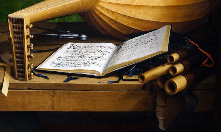 Luther's Hymn Book (detail), Anamorphic skull seen at angle, Hans Holbein the Younger, The Ambassadors, 1533, oil on oak, 207 x 209.5 cm (The National Gallery, London, photo: Steven Zucker, CC BY-NC-SA 4.0)