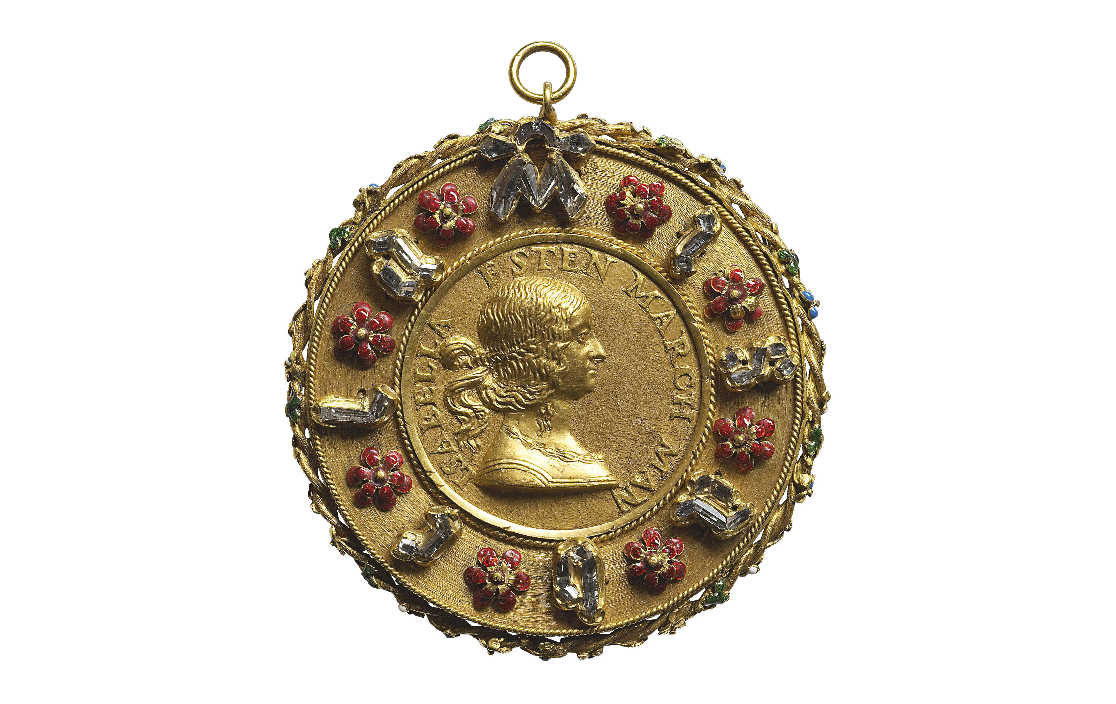 Giancristoforo Romano, Portrait medal of Isabella d’Este [obverse], 1495 – 1498, gold with diamonds and enamel, 7 cm diameter (Kunsthistorisches Museum, Vienna)