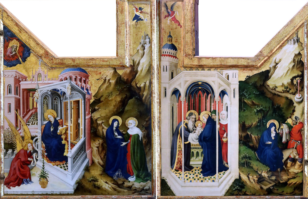 Melchior Broederlam, exterior panels for the Crucifixion Altarpiece for the Chartreuse de Champmol, commissioned by Philip the Bold for the Chartreuse de Champmol, 1398, tempera on wood, (left panel) 166.5 x 125 cm, (right panel) 167 cm x 130 cm (Musée des Beaux Arts, Dijon, image adapted from: Jean-Louis Mazieres, CC BY-NC-SA 2.0)