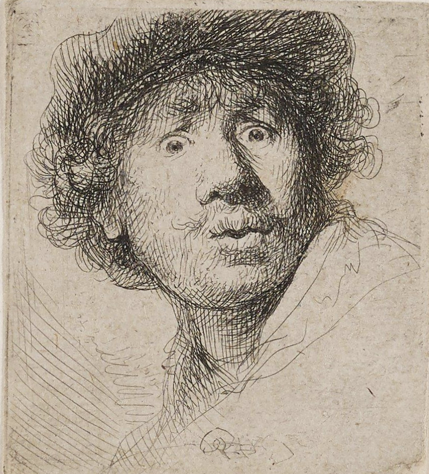 Rembrandt, Self-Portrait with Eyes Wide Open, 1630, etching and drypoint, 5.2 x 4.5 cm (The William M. Ladd Collection Gift of Herschel V. Jones, The Minneapolis Institute of Art)