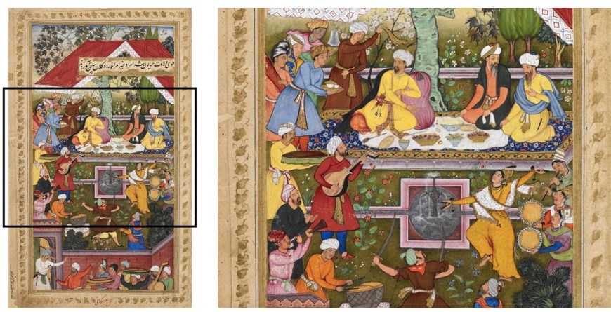 Celebrations in honour of the birth of Humayun in the Chahar Bagh of Kabul (1508), Vaki’at-i Baburi (the Memoirs of Babur), translated from the Turki original by Mirza ’Abd al-Rahim, Khan-i khanan, ca. 1590, Mughal Empire, opaque watercolour on paper (The British Library)