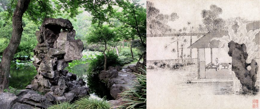Real and imagined gardens. Left: Garden of the Unsuccessful Politician 拙政园, Suzhou, China (image: Caitriana Nicholson, CC BY-SA 2.0) Right: Wen Zhengming, Garden of the Unsuccessful Politician, Ming dynasty, 1551, album of eight painted leaves with facing leaves inscribed with poems, ink on paper, 15 3/8 × 16 3/4 in. each image with mounting (Metropolitan Museum of Art)