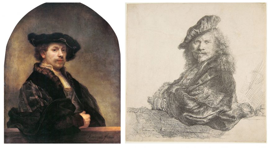 Rembrandt, Self-portrait (left), 1640, oil on canvas, 102 x 80 cm (National Gallery, London), public domain and Self-Portrait, Leaning on a Stone Wall (right),1639, etching, 16 x 16cm (The Metropolitan Museum of Art) 