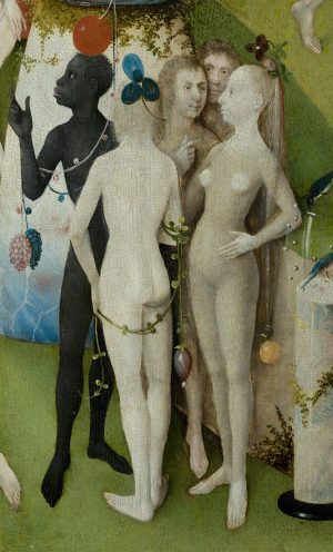 Figures in the foreground, central panel, Bosch, Garden of Earthly Delights (Museo del Prado, Wikimedia Commons)