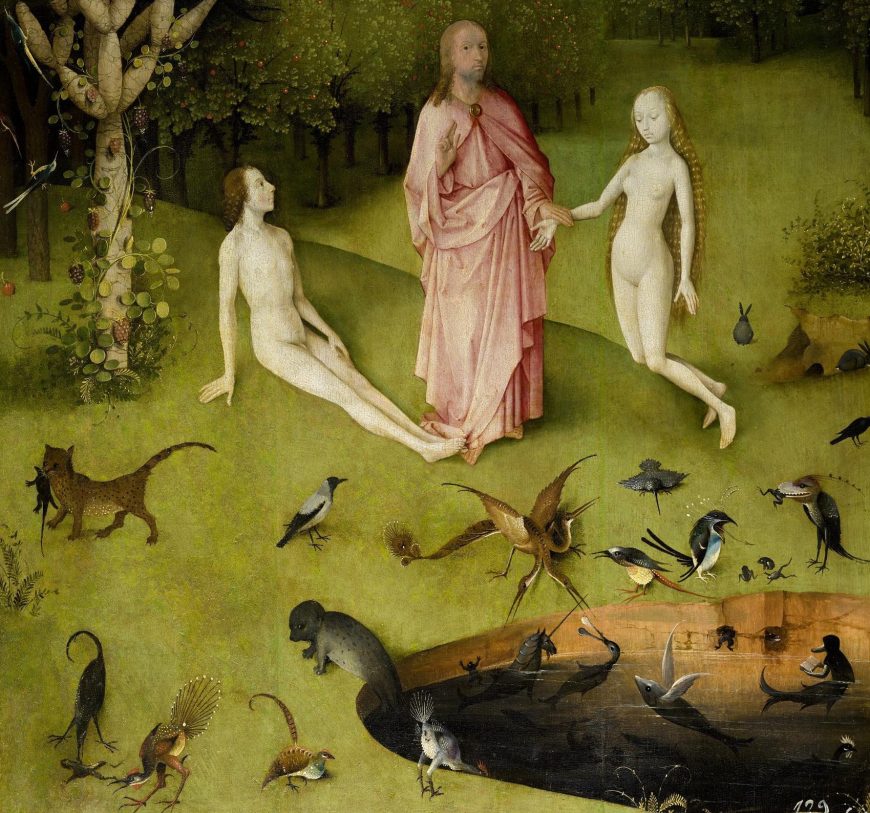 God/Jesus with Adam and Eve, Hieronymus Bosch, The Garden of Earthly Delights, c. 1480-1505, oil on panel, 220 x 390 cm