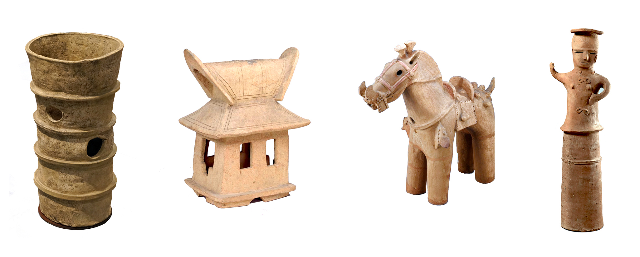 Haniwa. From left to right: Cylindrical haniwa, 5th century, Japan, excavated in Kaga-shi, Ishikawa, earthenware (Tokyo National Museum, image: Steven Zucker); haniwa house with gabled roof, 5th century, Japan, excavated in Sakura-shi, Nara, earthenware (Tokyo National Museum); haniwa horse, 5th-6th century, Japan, earthenware, partially restored, H. 94 cm (Tokyo National Museum); haniwa of a female shrine attendant, 6th-7th century, Japan, earthenware, H. 88.9 cm (Yale University Art Gallery)
