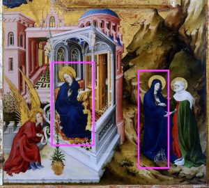 Repeated depiction of the Virgin Mary in traditional blue garment, Melchior Broederlam, Crucifixion Altarpiece (Musée des Beaux Arts, Dijon, image adapted from: Jean-Louis Mazieres, CC BY-NC-SA 2.0)