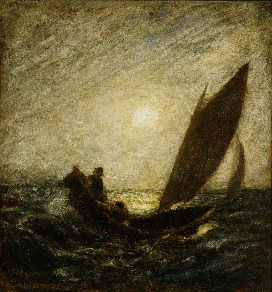 Albert Pinkham Ryder, With Sloping Mast and Dipping Prow, c. 1880-85, oil on canvas mounted on fiberboard, 30.4 x 30.4 cm (Smithsonian American Art Museum)