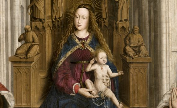 Detail, Lluís Dalmau, Virgin of the "Consellers", Lluís Dalmau, 1443-1445, oil on oak wood, 316 x 312.5 x 32.5 cm (Museums Nacional d'Art Catalunya)