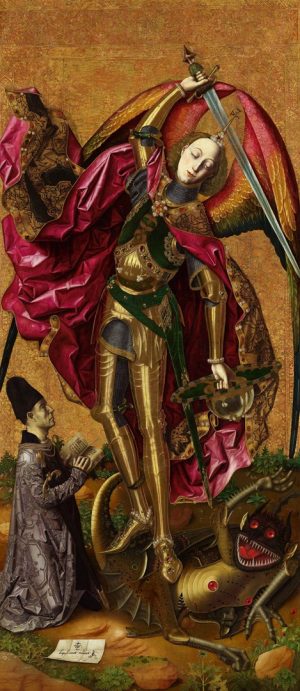 Bartolomé Bermejo, Saint Michael triumphant over the Devil with the Donor Antoni Joan, 1468, oil and gold on wood, 179.7 x 81.9 cm (National Gallery, London)