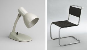 Left: Marianne Brandt, Kandem Bedside Table Lamp, 1928, lacquered steel, 23.5 x 18.4 cm (MoMA). Right: Marcel Breuer, Chair (model B33), 1927-28, chrome-plated tubular steel with steel-thread seat and back, 83.7 x 49 x 64.5 cm (MoMA).