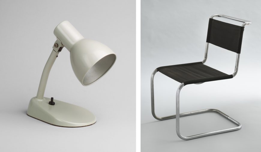 Left:  Kandem Bedside Table. Lamp Right: Chair (model B33)