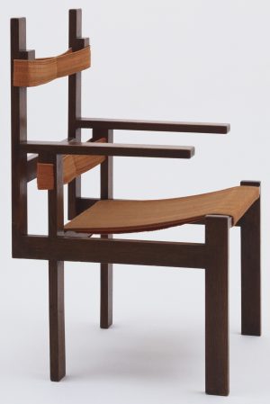 Marcel Breuer, Armchair, 1922, Stained oak and hand-woven wool, 94.6 x 55.9 x 57.2 cm (MoMA).