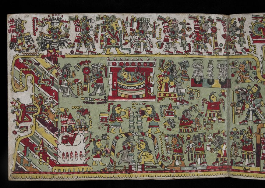 Page from the <em>Codex Zouche-Nuttall</em>, 1200–1521 C.E., Mixtec. Painted deer skin, 19 x 23.5 cm. (photo: <a href="https://www.britishmuseum.org/research/collection_online/collection_object_details/collection_image_gallery.aspx?partid=1&amp;assetid=50800001&amp;objectid=662517">The British Museum</a>, CC BY-NC-SA 4.0).