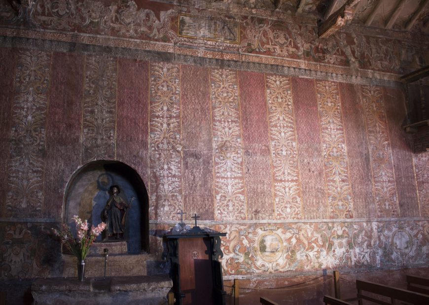 Mural painting imitating the appearance of textiles, detail, 17th century, Chapel of Canincunca, Peru (Photo by Ananda Cohen-Aponte)