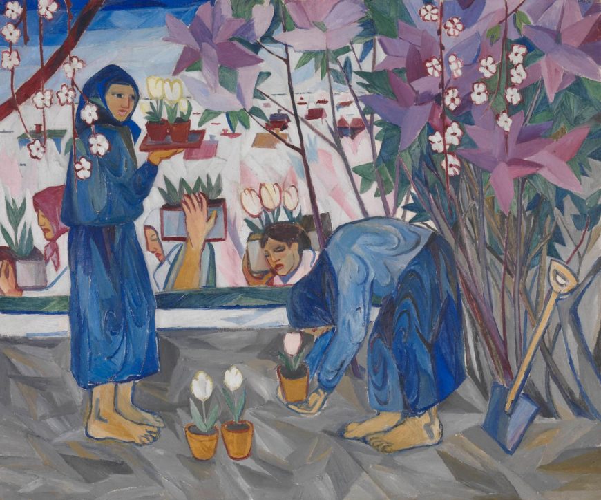 Natalia Goncharova, Gardening, 1908, oil on canvas, 102.9 x 123.2 cm (Tate Gallery).