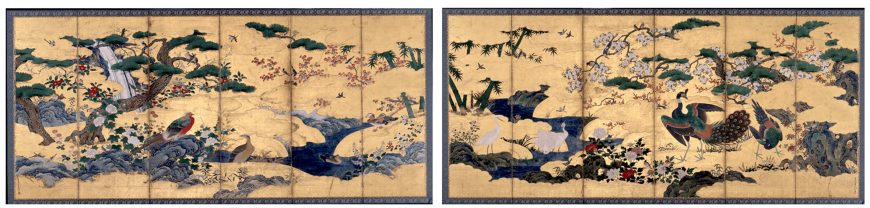 Kano Motonobu, Aves y flores de las cuatro estaciones, siglo XVI, par de pantallas plegables, tinta, color y oro sobre papel, 162.4 × 360.2 cm cada una (Museo de Bellas Artes Hakutsuru, Kobe)