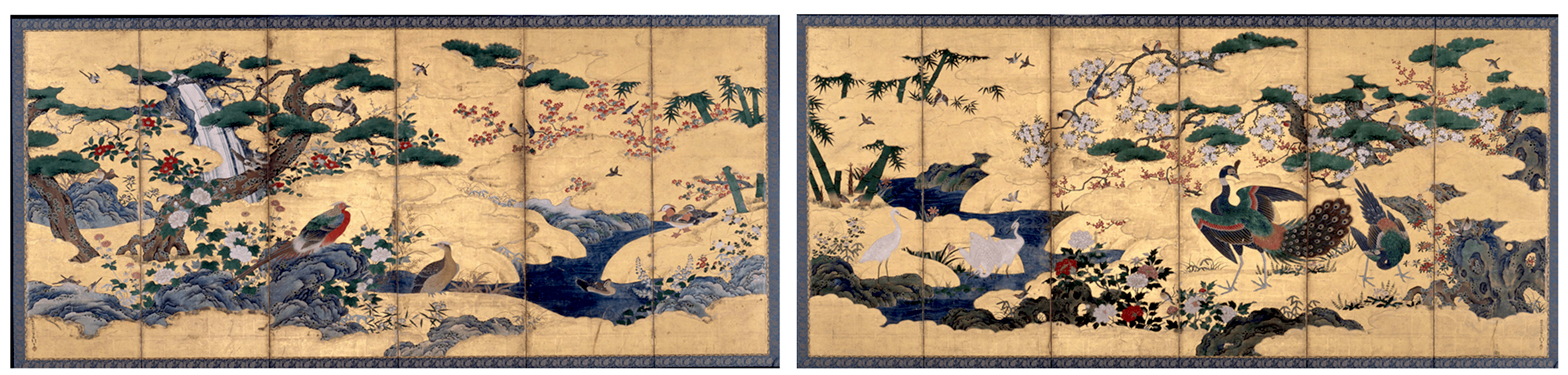 Kano Motonobu, Birds and Flowers of the Four Seasons, 16th century, pair of folding screens, ink, color, and gold on paper, 162.4 × 360.2 cm each (Hakutsuru Fine Art Museum, Kobe)