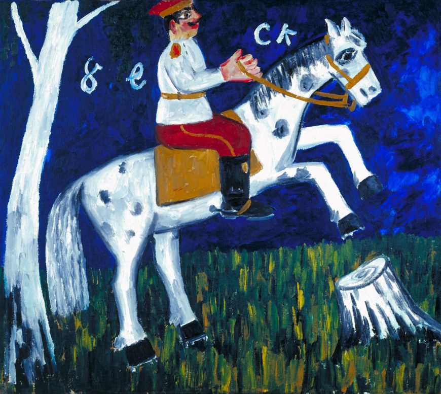 Mikhail Larionov, Soldier on a Horse, c. 1911, oil on canvas, 87 x 99.1 cm (Tate Gallery).