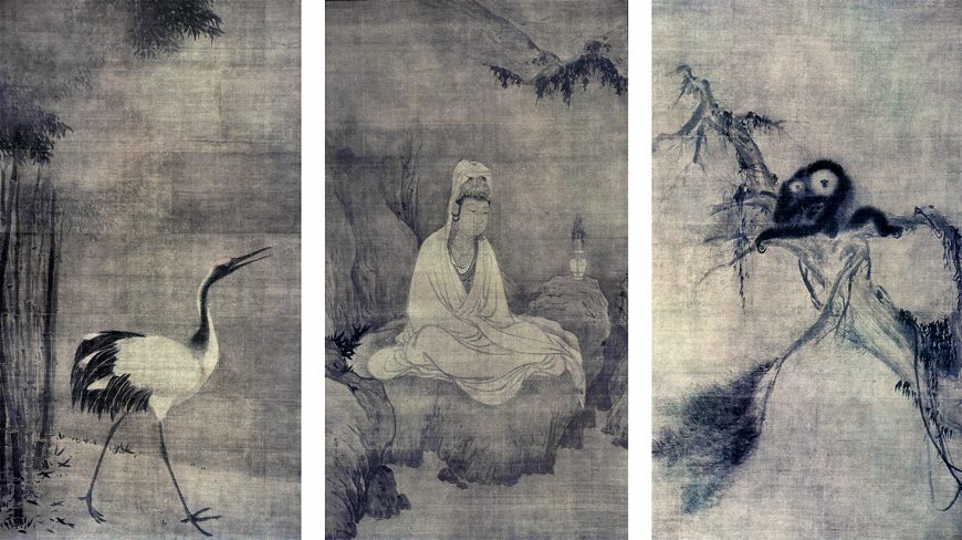 Muqi (active 13thcentury), Kannon, Gibbons, and Crane, three hanging scrolls (triptych), ink and light color on silk, 174.2 cm x 98.8 cm (Kannon), 173.9 cm x 98.8 cm (gibbons and crane, each). Japanese artists like Hasegawa Tōhaku, who traced their stylistic roots to Sesshū, had opportunities to study these Muqi paintings at Daitokuji, a Buddhist temple in Kyoto where they have been housed for centuries (Daitokuji, Kyoto) 