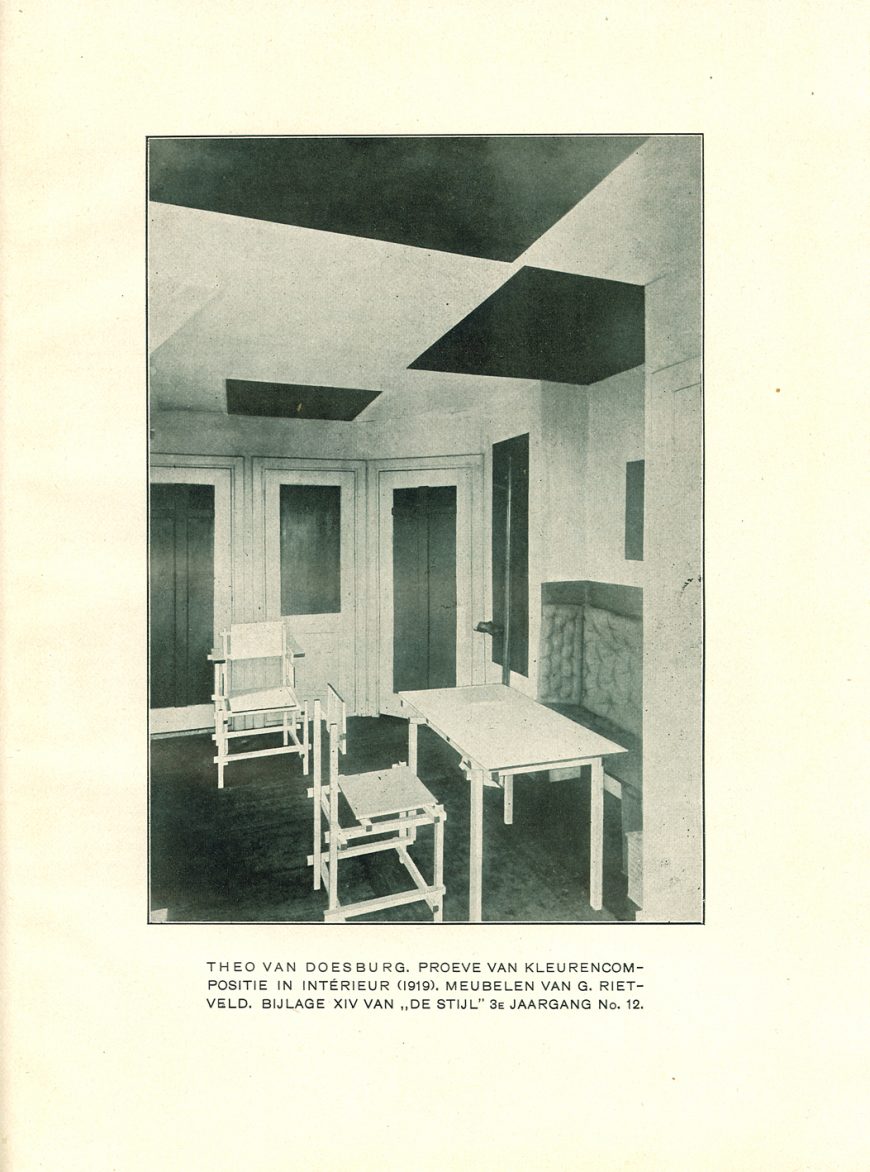 Theo van Doesburg, Test of Color Composition with furniture by Rietveld, in De Stijl 3, no. 12 (November 1920).