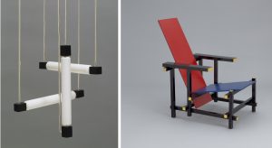 Left: Gerrit Rietveld, Hanging Lamp, 1920, Wood, glass, and tubular bulbs, 104.1 x 40 x 40 cm, (MoMA). Right: Gerrit Rietveld, Red Blue Chair, 1918-23, painted wood, 86.7 x 66 x 83.8 cm (MoMA).