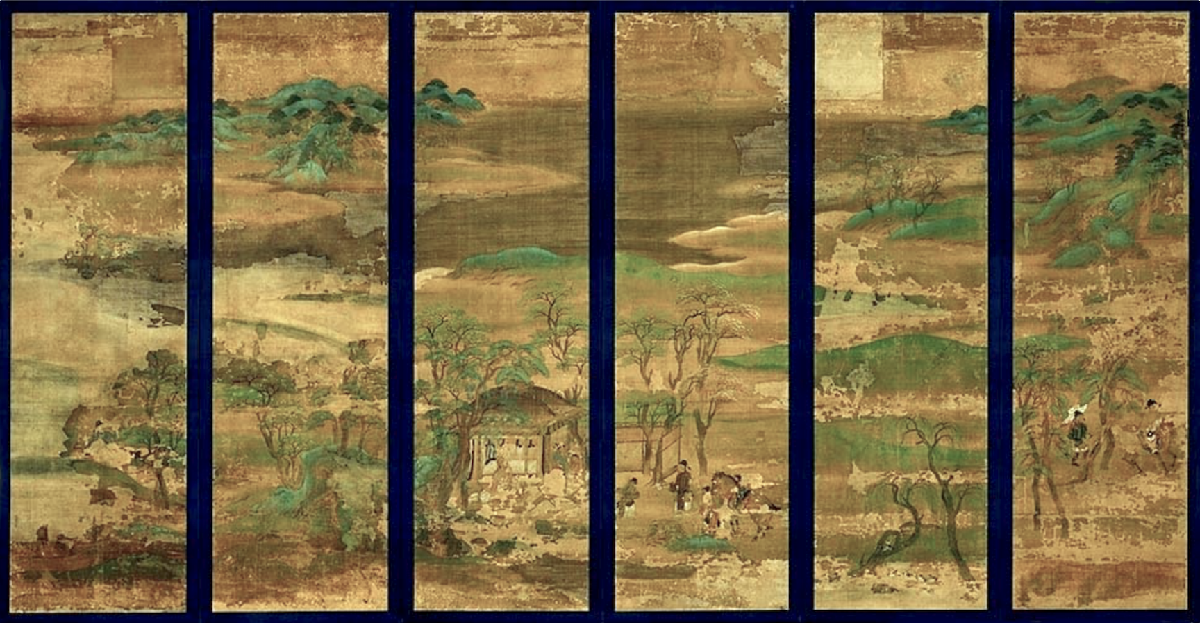 One of the earliest examples of Heian-period yamato-e landscape painting. Senzui byōbu 山水屏風 (lit. “folding screen(s) with (imagery of) mountains and waters). Six-fold screen, 11th century, color on silk, 146.4 x 42.7 cm, designated National Treasure (Kyoto National Museum)