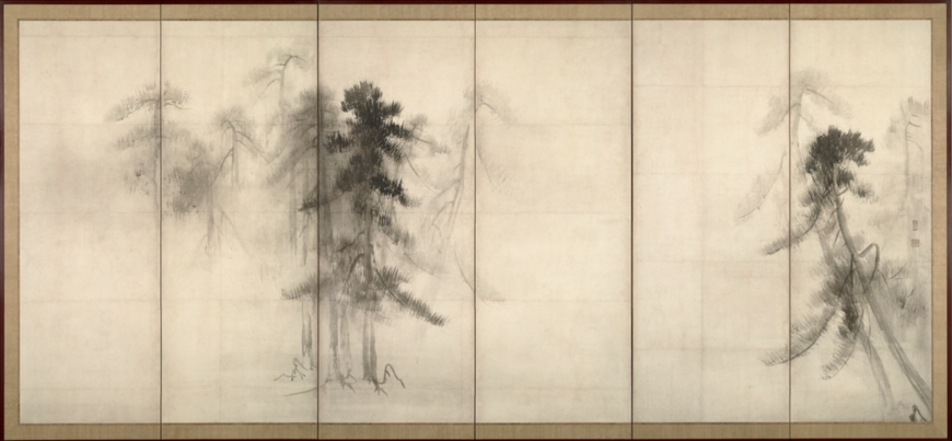Hasegawa Tōhaku, Pine Trees, 16th century, ink on paper, pair of six-fold screens, 156.8 x 356 cm (Tokyo National Museum) 