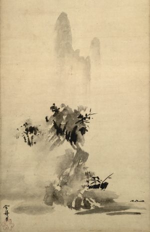 Sesshū, Splashed-Ink Landscape (also known as Broken-Ink Landscape, haboku sansui zu破墨山水図 in Japanese), 1495, ink on paper, 148.6 × 32.7 cm (full scroll) (Tokyo National Museum, image: Wikimedia Commons)