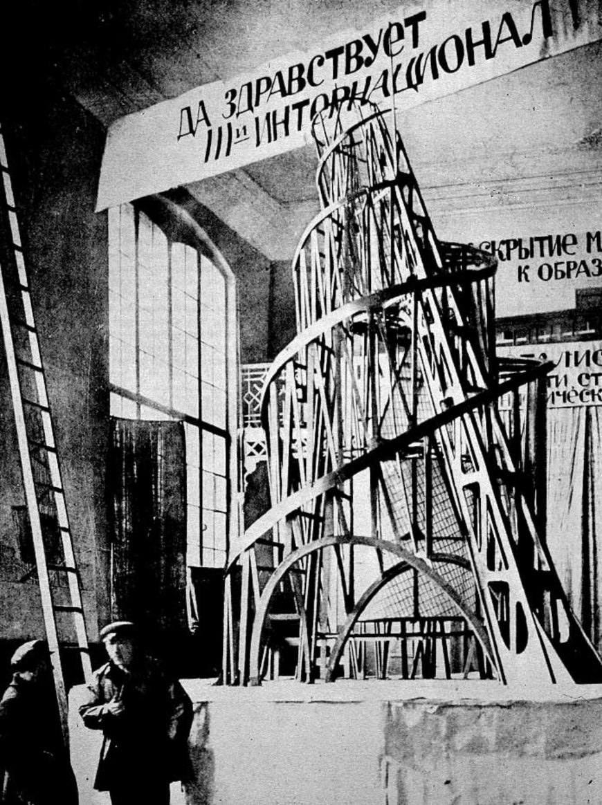 Tatlin and an assistant with the Monument to the Third International in Moscow, 1920. 