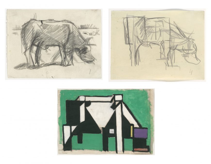 Top left: Theo van Doesburg, Study for Composition (The Cow), 1917, pencil on paper, 11.7 x 15.9 cm (MoMA). Top Right: Theo van Doesburg, Study for Composition (The Cow), 1917, pencil on paper, 11.7 x 15.9 cm (MoMA). Bottom: Theo van Doesburg, Composition (The Cow), 1917, gouache, oil, and charcoal on paper, 39.4 x 58.4 cm (MoMA).
