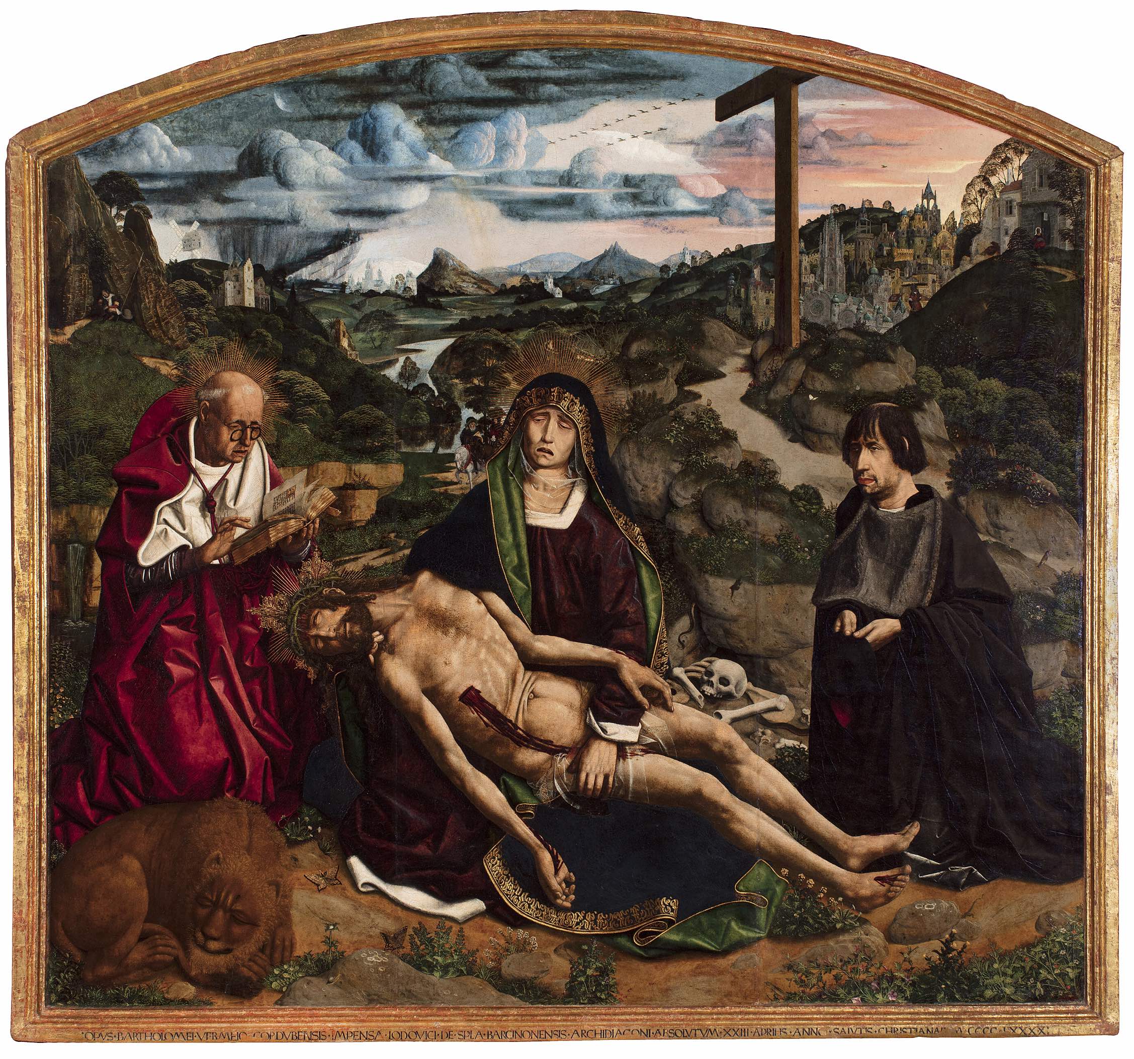 Bartolomé Bermejo, Pietà with Canon Lluís Desplà, 1490, tempera on wood (Barcelona Cathedral)