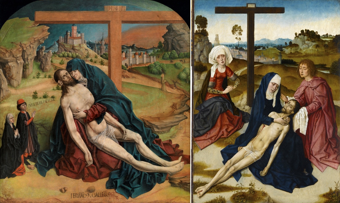 Fernando Gallego, Piedad, 1465–70, mixed method, 118 x 111 cm (Prado Museum); right: Dieric Bouts, Lamentation, c. 1460, oil on oak panel, 69 cm x 49 cm (Louvre Museum)