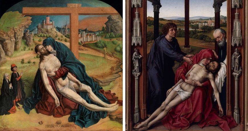 Left: Fernando Gallego, Piedad, 1465–70, mixed method, 118 x 111 cm (Prado Museum); right: detail, Rogier van der Weyden, Miraflores Altar, c. 1440, 213 x 43 cm (Gemäldegalerie, Berlin)
