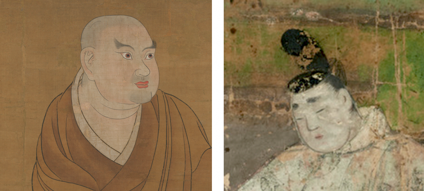 Left: Kamakura-period portrait of a revered monk (Portrait of Jion Daishi, 14th century, ink and color on silk, Metropolitan Museum of Art). Right: Heian-period portrayal of courtier (segment of illustrated scroll of the Tale of Genji, 12th century, opaque colors on paper, Tokyo National Museum). Note the difference in how the faces are depicted. 