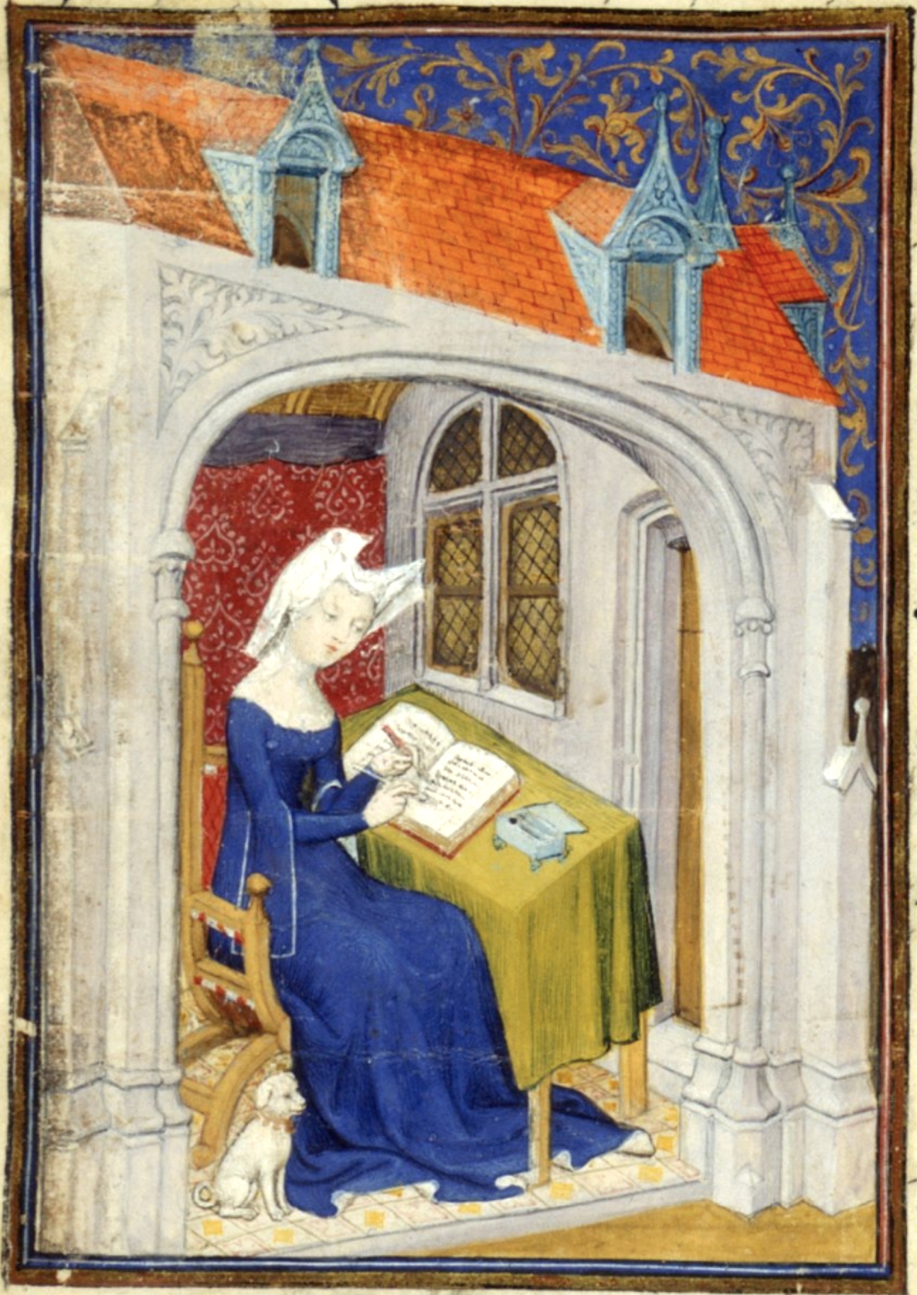 Christine de Pizan in her study (detail), for The Queen's Manuscript, c. 1410–1414, f. 4r (Harley MS 4431, British Library)