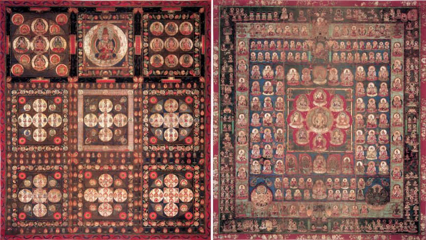 Ryōkai mandala 両界曼荼羅 (“the mandala of the two worlds”). Left: Kongōkai mandala 金剛界曼荼羅 (diamond realm mandala); right: Taizōkai mandala 胎蔵界曼荼羅 (womb realm mandala), 9th century, color on silk, 183 x 154 cm (Tōji, Kyoto, image: adapted from Wikimedia Commons)